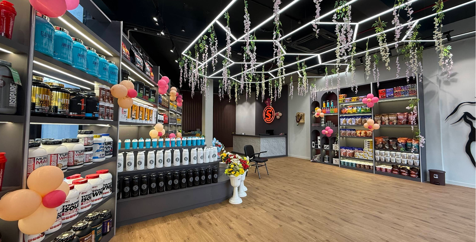 Premium supplement shelves at Protein Plus Store